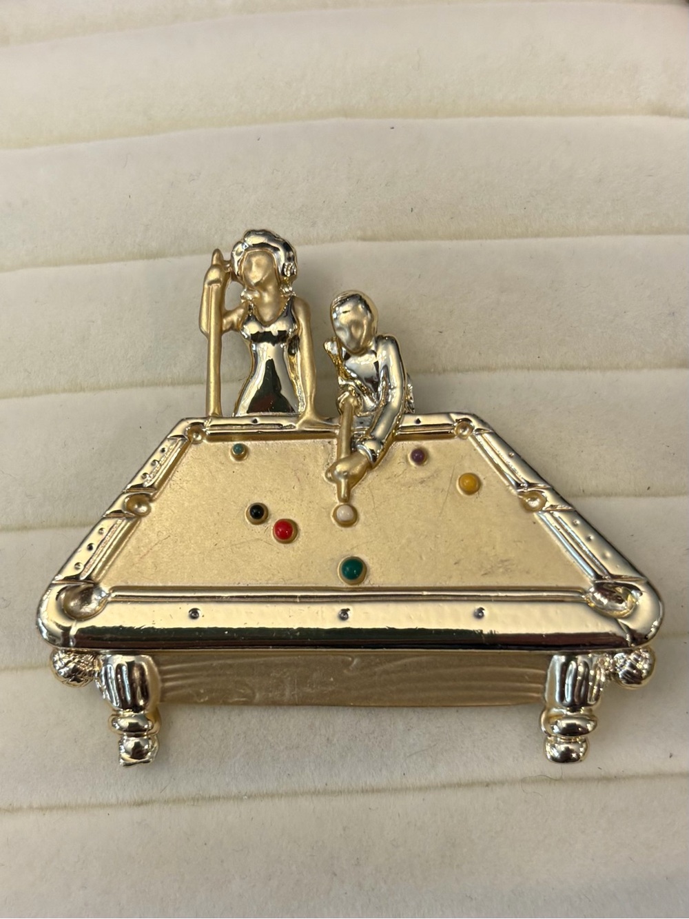 Gold Tone Billiards Pin Brooch Pool Table Man Woman Date Night AJC Signed VTG